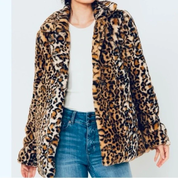 Guess coat leopard faux fur loose fit open front coat cozy soft faux fur Guess - Picture 1 of 6